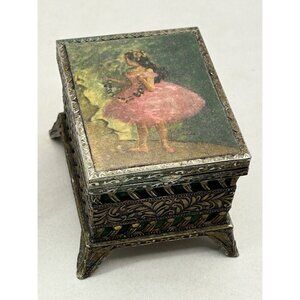 Antique Degas Jewelry Trinket Box Dancer Rose Silk Cloth Ornate Metal Girl